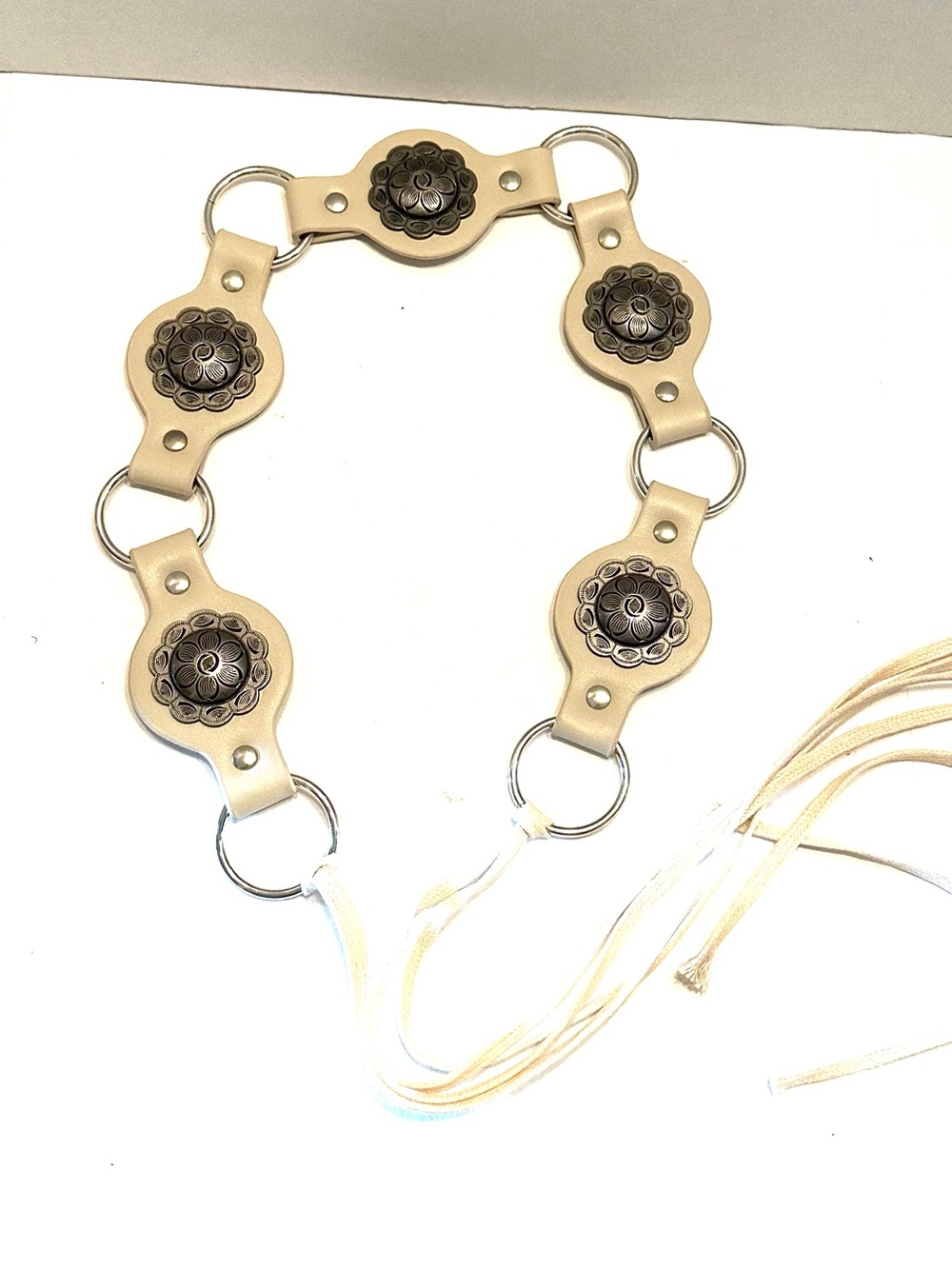 Cream Concho Leather Tie Belt with Silver Rings